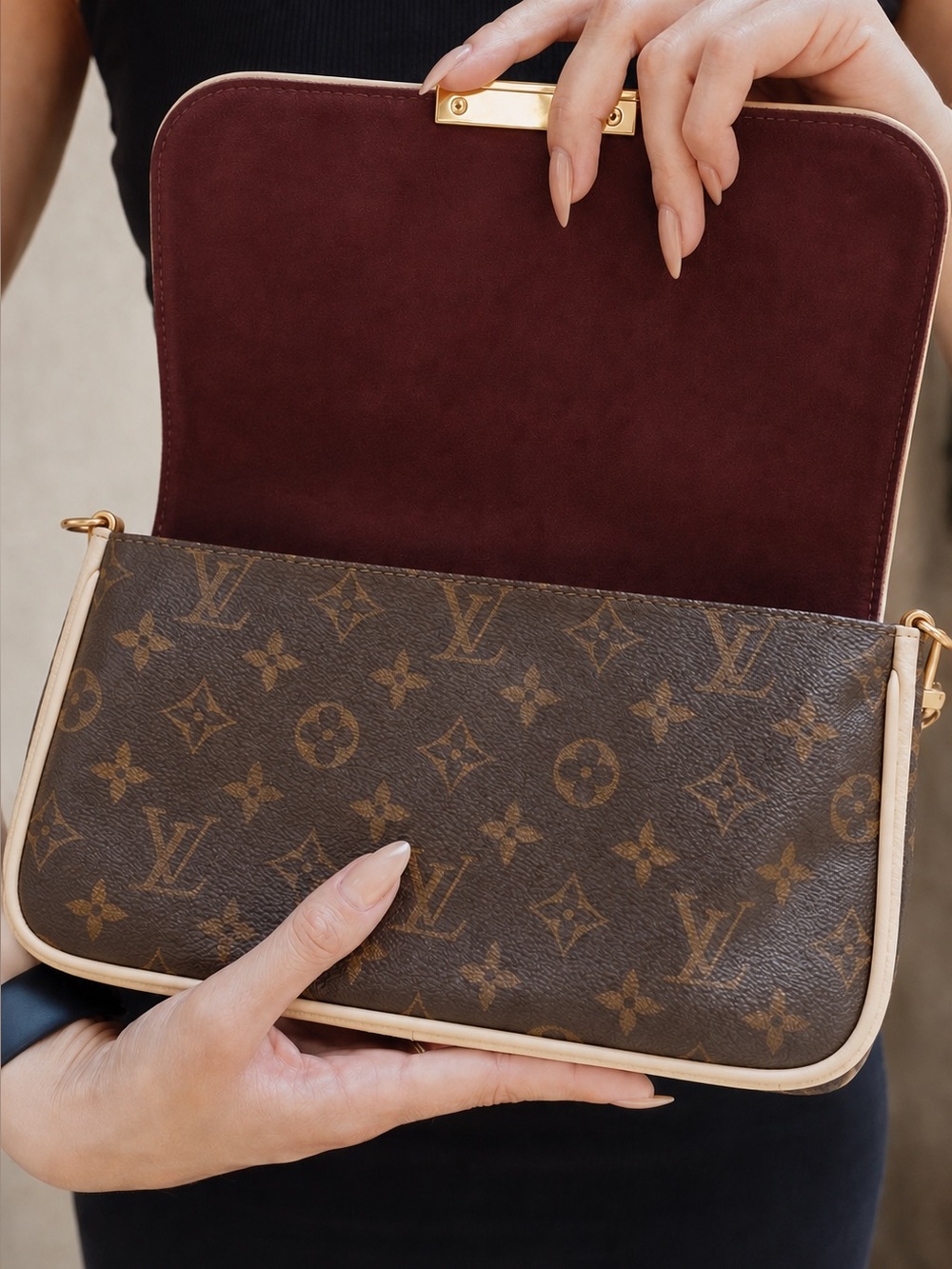 Brown Monogram Gold Chain Flap Bag with Cream Trim